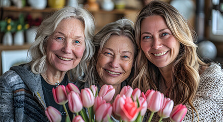Three generations of women are smiling.
