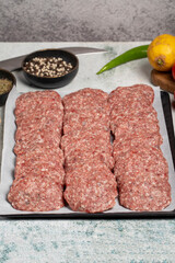 Beef meatballs. Butcher products. Raw beef meatballs on stone background