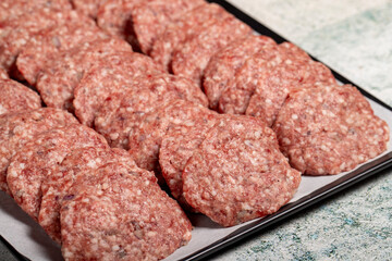 Beef meatballs. Butcher products. Raw beef meatballs on stone background