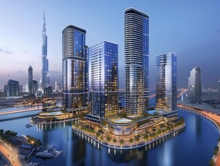 Fototapeta na wymiar A cluster of sleek corporate towers in Business Bay