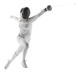 Professional female fencer lunging with grace and precision, flash of her sword against transparent...