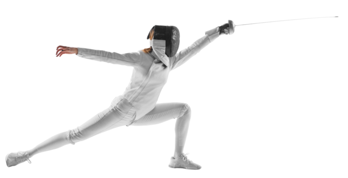 Artistry and combat. Electrifying photo of finesse of female fencer in motion, sword gleaming, against transparent background. Concept of professional sport, active lifestyle, fitness, strength.
