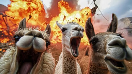 Fototapeta premium Group of llamas fighting with a fire