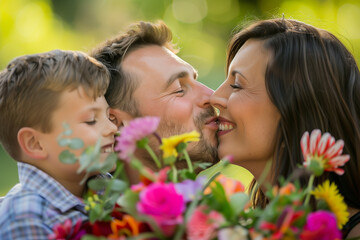 Family embrace in nature with vibrant flowers and loving kiss