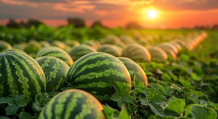 A pile of watermelons on the field at sunset.