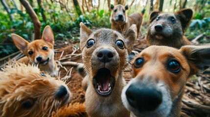 A group of dogs in the woods - obrazy, fototapety, plakaty
