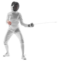 Female fencer intense gaze as she anticipates her opponent's move, tension palpable against...