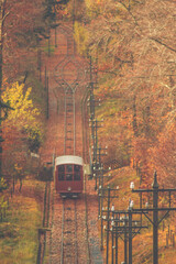 Fototapeta premium Eine Bergbahn im Herbst mit wundervollen Farben und schönen Bäumen mit viel Herbstlaub