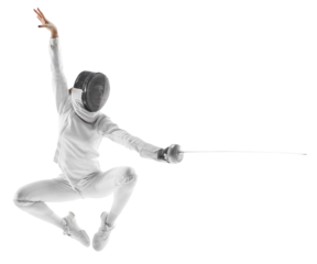 Dynamic mid-air snapshot of swift motion of female fencer's in jump with blade against transparent background Concept of professional, sport active lifestyle, strength and power, championship.