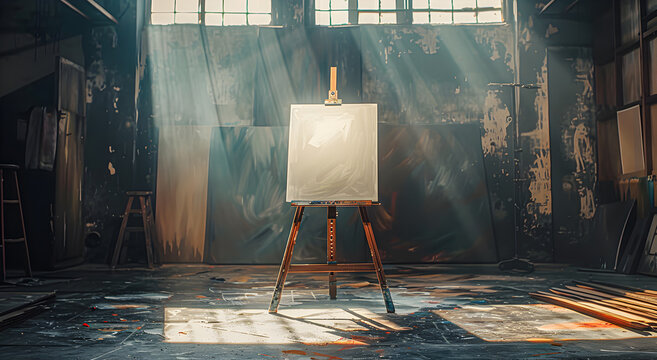 Empty artist easel in a moody studio setting