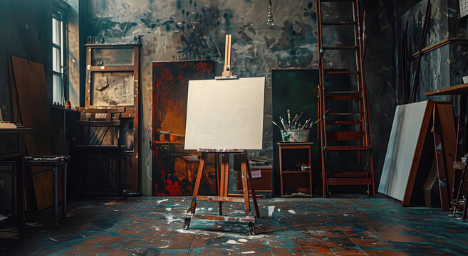 Empty artist easel in a moody studio setting