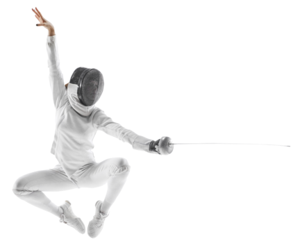 Dynamic mid-air snapshot of swift motion of female fencer's in jump with blade against transparent background Concept of professional, sport active lifestyle, strength and power, championship.