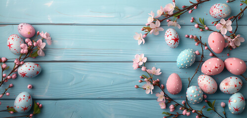 Spring easter elegant composition with decorated easter eggs and cherry blossoms on a wooden background, large empty space for copyspace