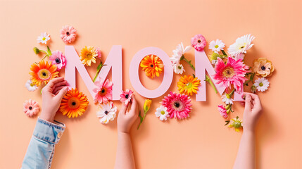 Hands arranging floral letters spelling mom surrounded by a beautiful array of flowers on a peach background