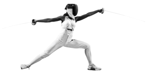 Striking profile of two-sword-wielding sportswoman, radiating power and grace against transparent background. Concept of professional sport, victory, strength and power, championship and victory. Ad