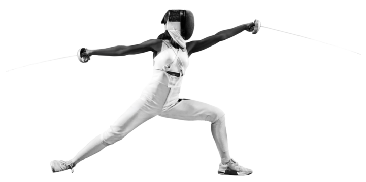 Striking profile of two-sword-wielding sportswoman, radiating power and grace against transparent background. Concept of professional sport, victory, strength and power, championship and victory. Ad