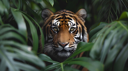 A majestic Siberian tiger in the jungle gazes at the camera