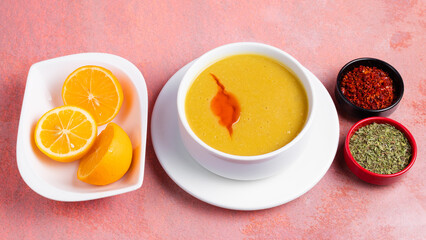 Lentil soup bowl with lemon