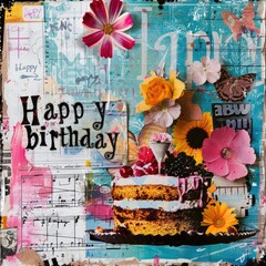 Joyous birthday collage, featuring heartfelt text happy birthday, vibrant celebration capturing special moments and cherished memories, personalized tribute to mark occasion with love and happiness.