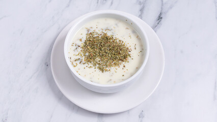 Dovga soup - Azerbaijan yogurt soup bowl