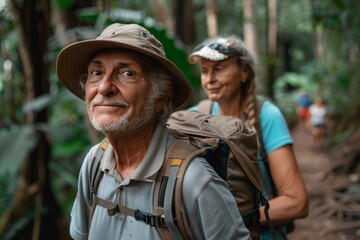 Fototapeta premium A pensive elderly hiker taking a moment to reflect during a trek in the forest, with a sense of tranquility