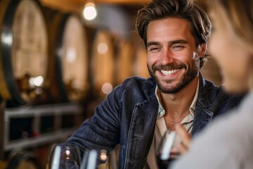 Fototapeta premium Charismatic gentleman engaging in a pleasant chat over wine in a vibrant winery setting