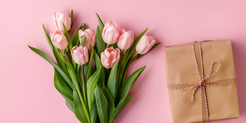 bouquet of tulips with pink back ground , bouquet and gift box for cute wallpaper , wallpaper for girls 