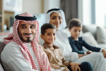 Obraz premium Saudi family at home, joyful atmosphere, parents and kids, family bonding.