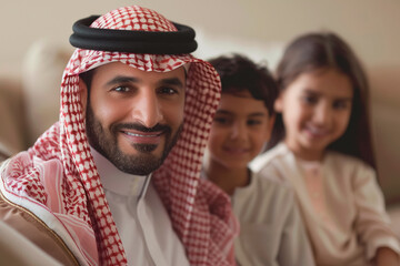 Arabian family at home, children with mom and dad, family happiness.