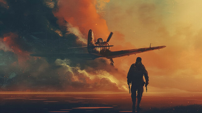 War Zone Airport: Vintage Aircraft Amidst Chaos and Red Sky