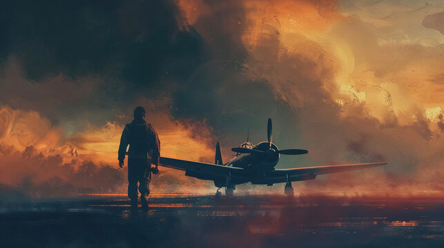 War Zone Airport: Vintage Aircraft Amidst Chaos and Red Sky