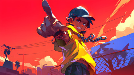 anime character cool pose pointing while smiling