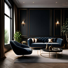 Modern living room with Black sofa and furniture Ai Generated image