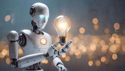 Cyborg (ai robot) holding ligth bulb in its hand, bokeh effect