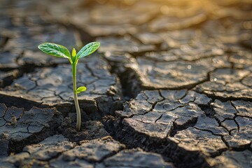 Plant growing in dried cracked mud, climate change concept. generative ai