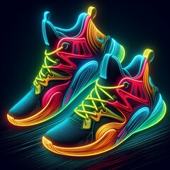 Neon shoes on dark background, Neon light effect