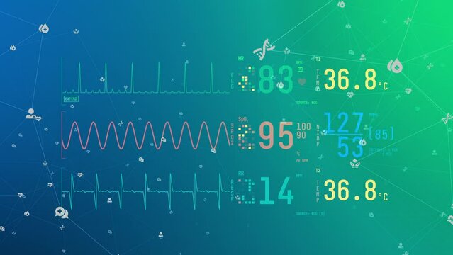 Medical monitoring technology: ECG equipment display showing a digital graph for patient health monitoring on medical and healthcare background. Motion graphic