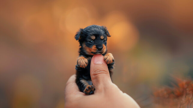 East-European Shepherd puppy sits on the fingertips of a human hand, the background is blurred