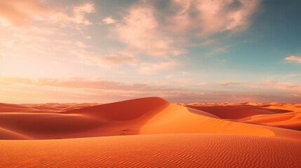 Fototapeta na wymiar Beautiful Arabian desert with warm colors.Golden Sand Dune Desert Landscape Panorama. Beautiful over the sand dunes in the Arabian,touched by the golden rays of the setting sun,generative ai