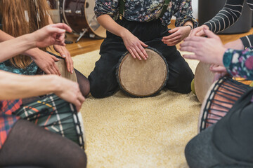 Music therapy concept, a group of people playing different types of musical instruments, music...