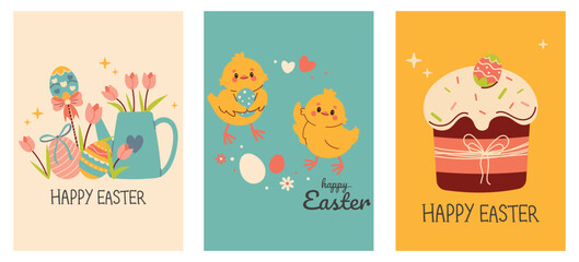 Fototapeta na wymiar Easter greeting card with eggs. Set of easter cards. Collection of holiday icons. Spring collection of animals, flowers and decorations. For poster, card, scrapbooking , stickers. Cartoon flat vector 