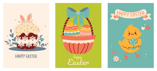 Set of easter cards. Collection of holiday icons. Spring collection of animals, flowers and decorations. For poster, card, scrapbooking , stickers. Cartoon flat vector illustration