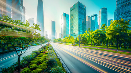 View of eco friendly city with glass buildings and green trees.