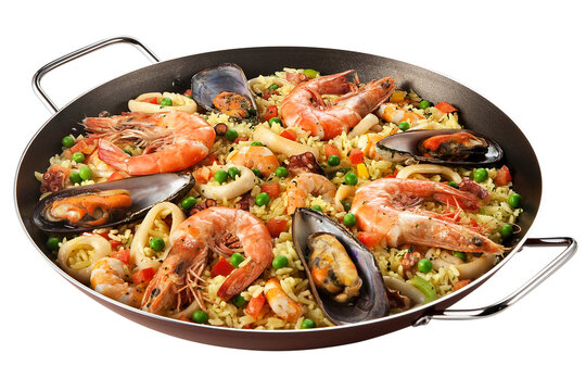 panela com paella de frutos do mar isolado em fundo transparente