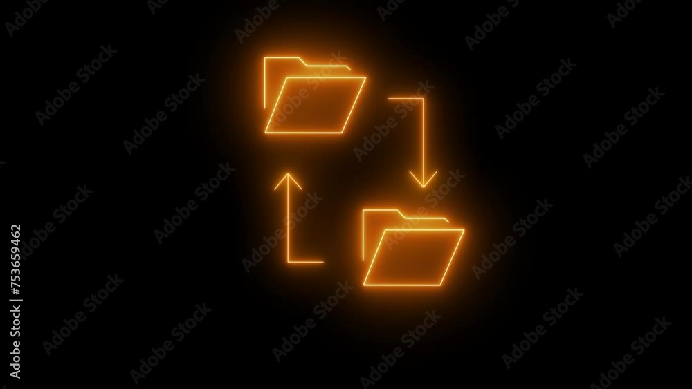 Poster glowing neon line cloud storage text document folder icon isolated on black background. 4k video mot