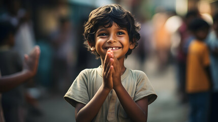A boy expressing gratitude in a thankful moment,