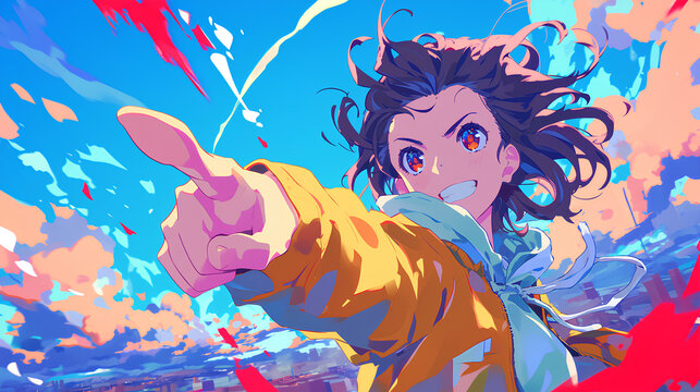 anime character cool pose pointing while smiling