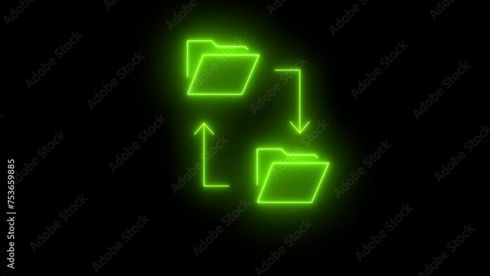 Poster glowing neon line cloud storage text document folder icon isolated on black background. 4k video mot