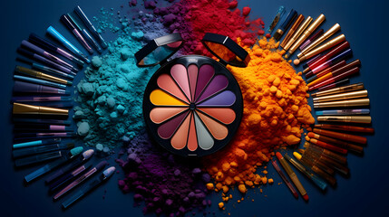 A collection of vibrant cosmetics arranged in a creative palette,