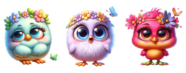 Floral Crowned Cuties. Spring Floral Birds, Cute Bird.